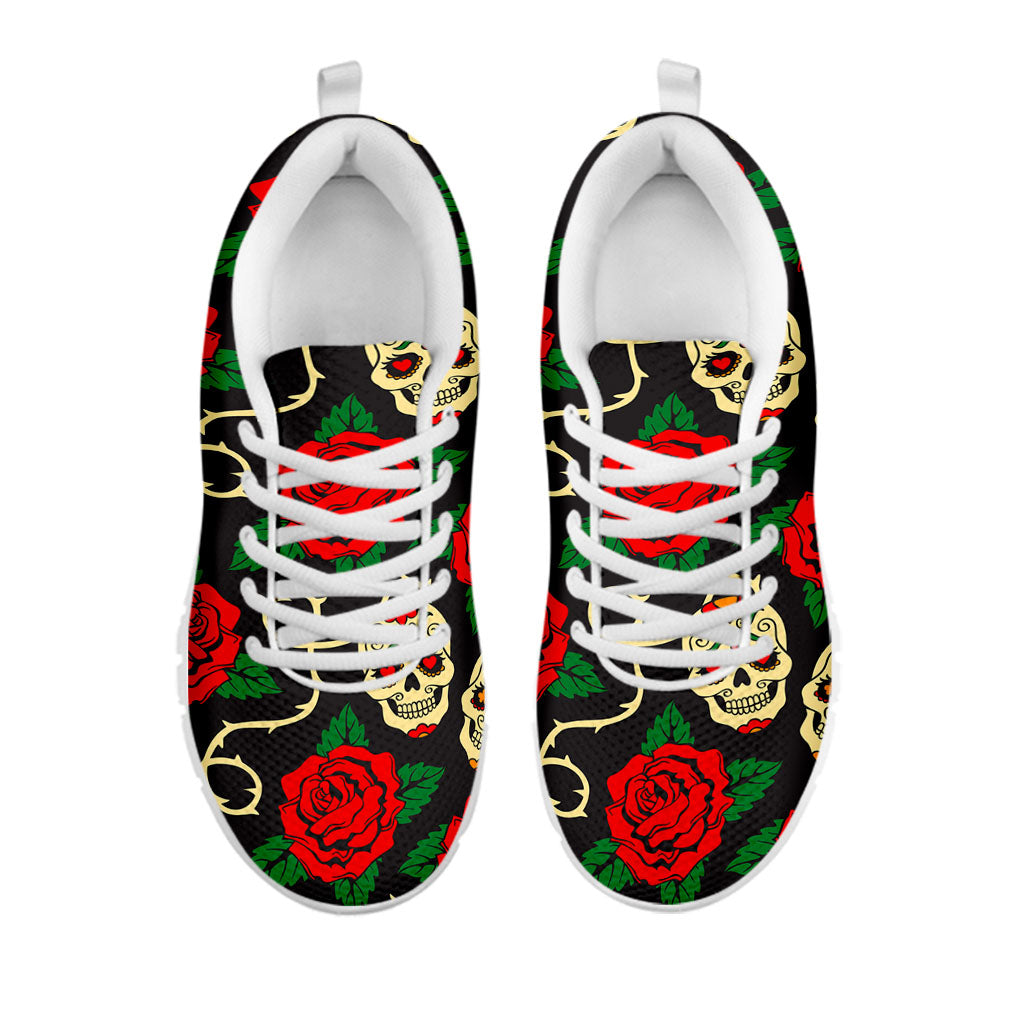 Rose Flower Sugar Skull Pattern Print White Running Shoes