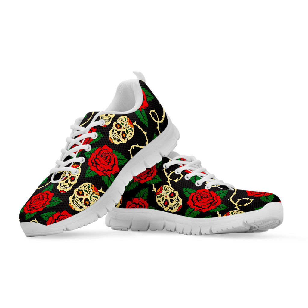 Rose Flower Sugar Skull Pattern Print White Running Shoes