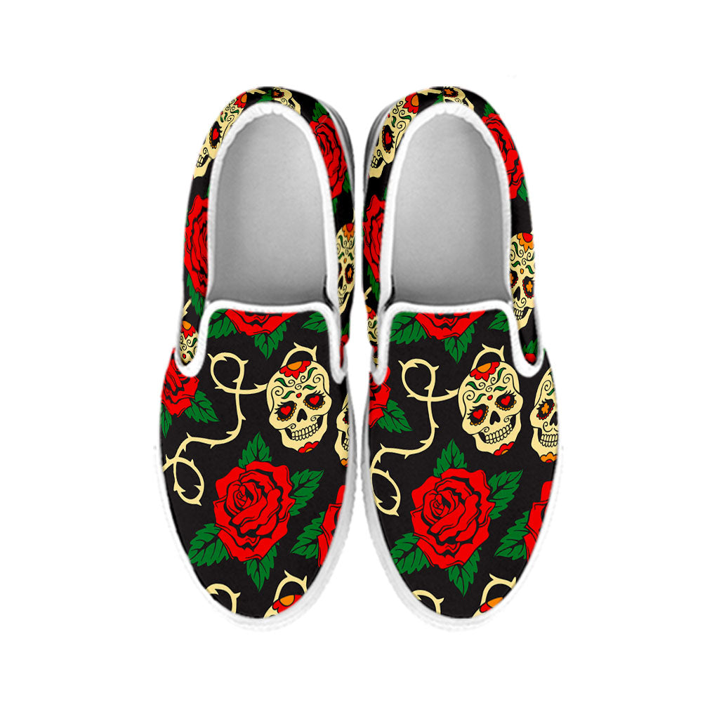 Rose Flower Sugar Skull Pattern Print White Slip On Sneakers