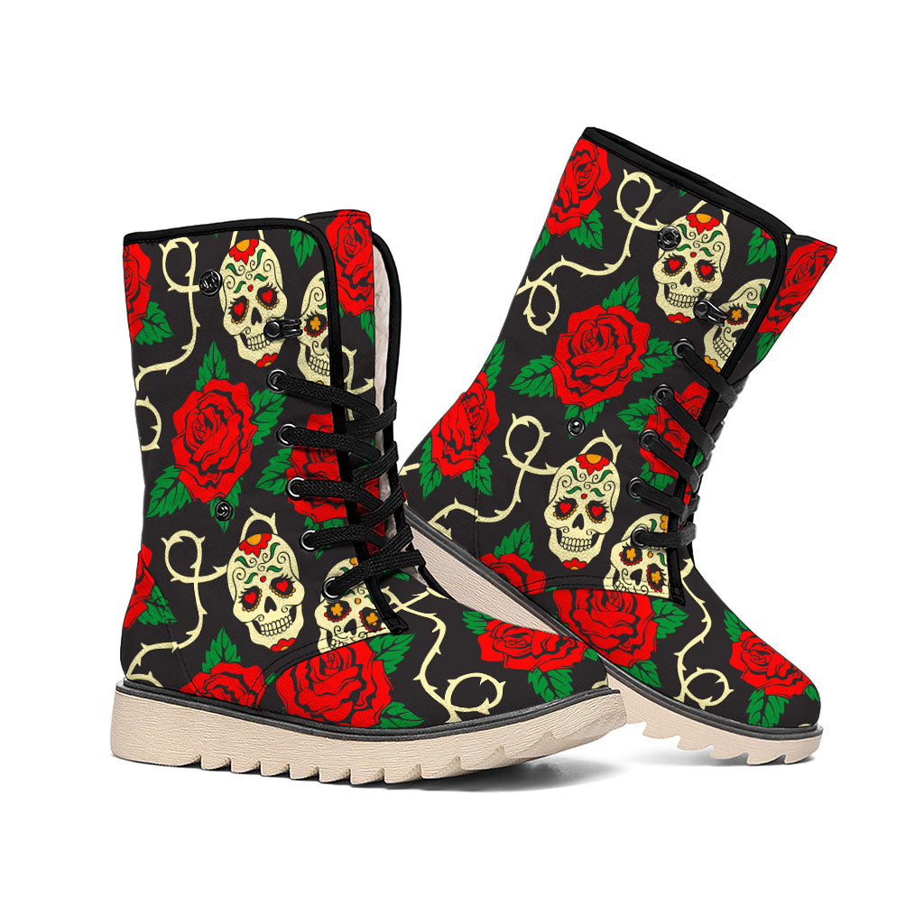 Rose Flower Sugar Skull Pattern Print Winter Boots