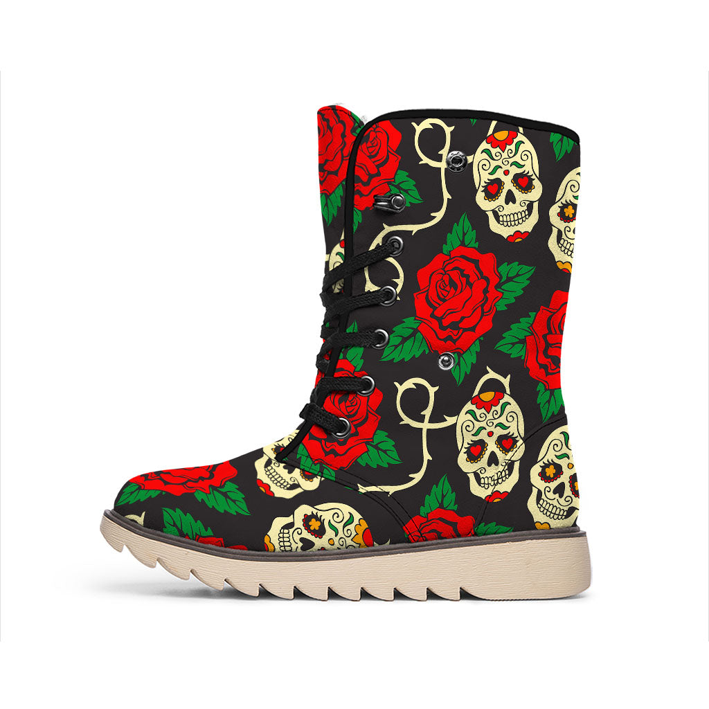 Rose Flower Sugar Skull Pattern Print Winter Boots