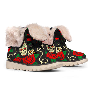 Rose Flower Sugar Skull Pattern Print Winter Boots