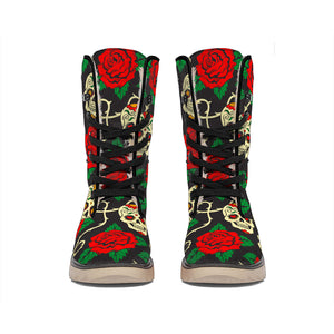 Rose Flower Sugar Skull Pattern Print Winter Boots