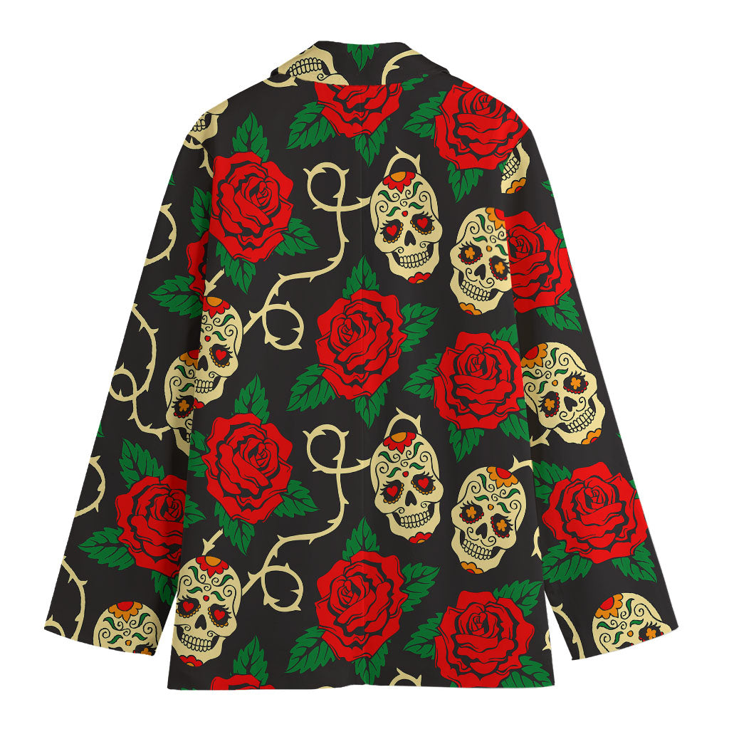 Rose Flower Sugar Skull Pattern Print Women's Blazer
