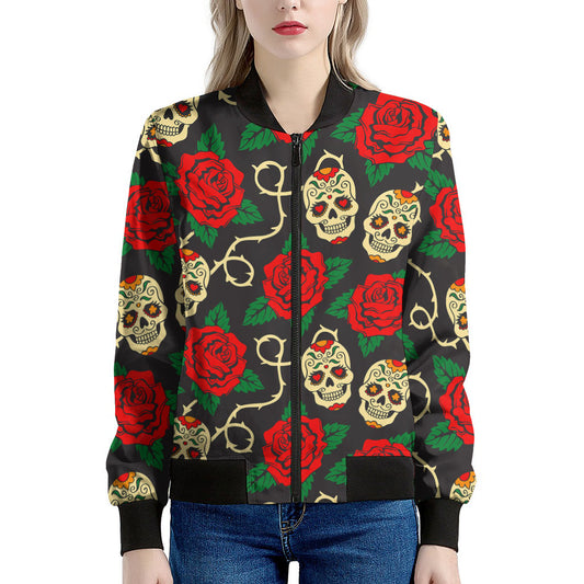 Rose Flower Sugar Skull Pattern Print Women's Bomber Jacket
