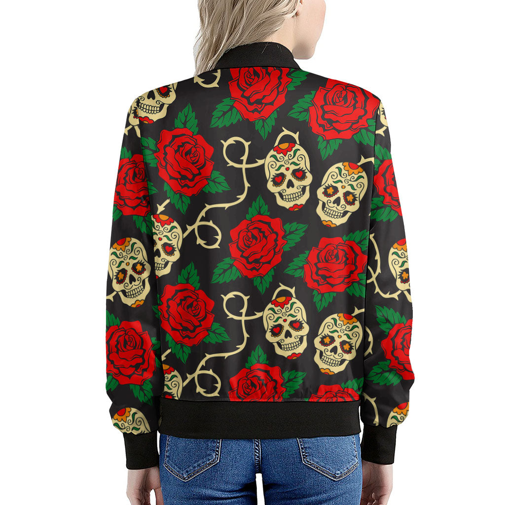 Rose Flower Sugar Skull Pattern Print Women's Bomber Jacket