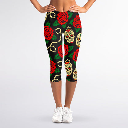 Rose Flower Sugar Skull Pattern Print Women's Capri Leggings