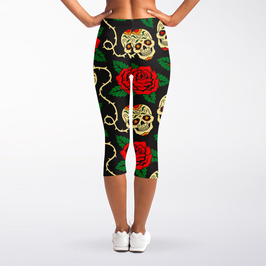 Rose Flower Sugar Skull Pattern Print Women's Capri Leggings