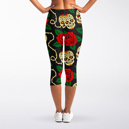 Rose Flower Sugar Skull Pattern Print Women's Capri Leggings