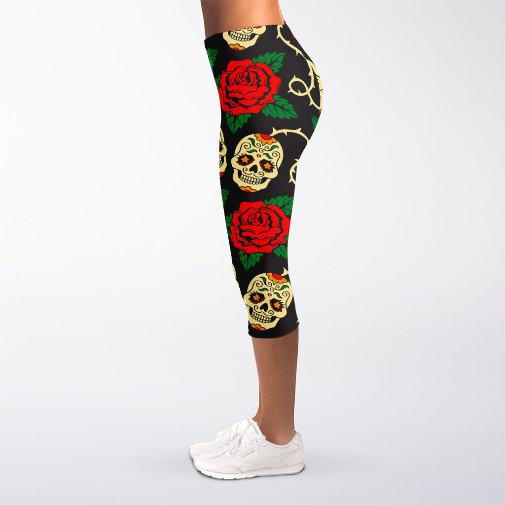 Rose Flower Sugar Skull Pattern Print Women's Capri Leggings