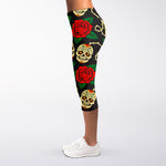Rose Flower Sugar Skull Pattern Print Women's Capri Leggings