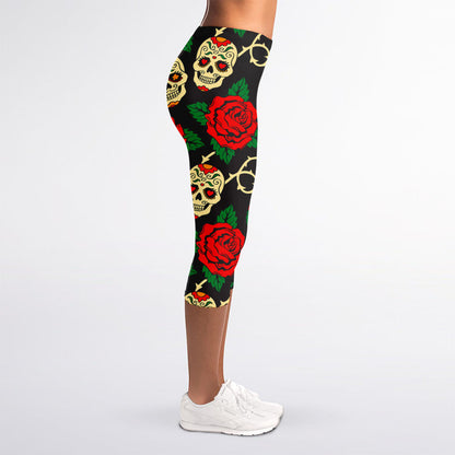 Rose Flower Sugar Skull Pattern Print Women's Capri Leggings