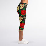 Rose Flower Sugar Skull Pattern Print Women's Capri Leggings