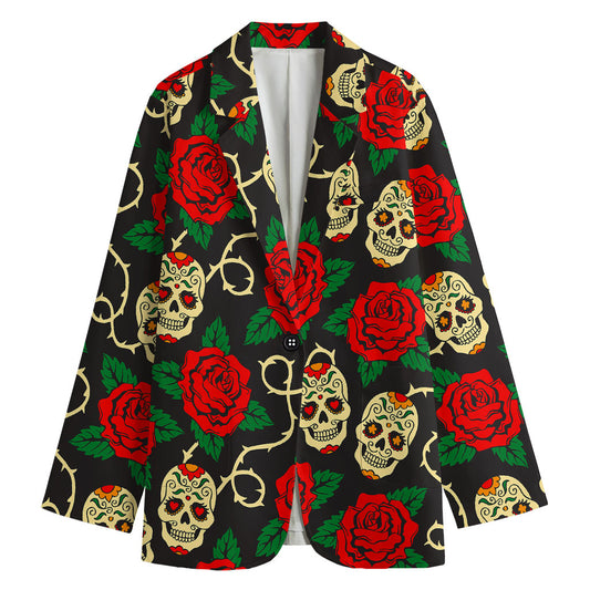 Rose Flower Sugar Skull Pattern Print Women's Cotton Blazer