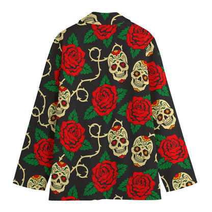 Rose Flower Sugar Skull Pattern Print Women's Cotton Blazer