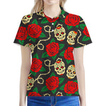 Rose Flower Sugar Skull Pattern Print Women's Polo Shirt