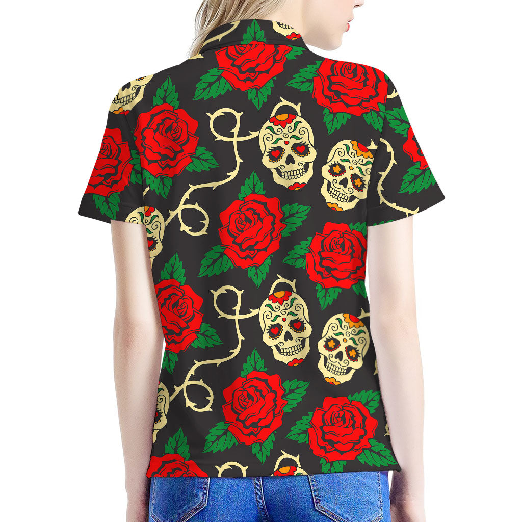 Rose Flower Sugar Skull Pattern Print Women's Polo Shirt