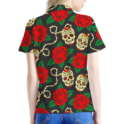 Rose Flower Sugar Skull Pattern Print Women's Polo Shirt