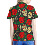 Rose Flower Sugar Skull Pattern Print Women's Polo Shirt