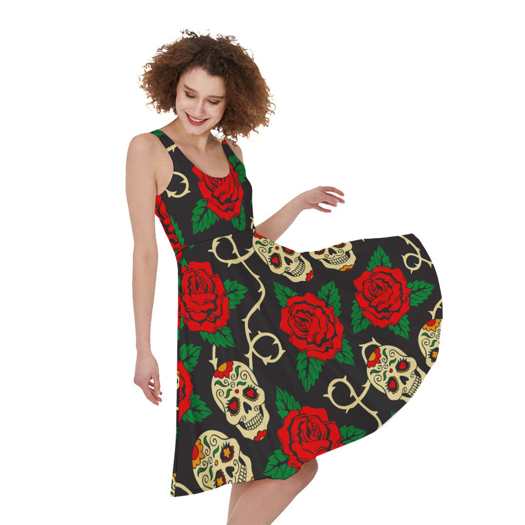 Rose Flower Sugar Skull Pattern Print Women's Sleeveless Dress