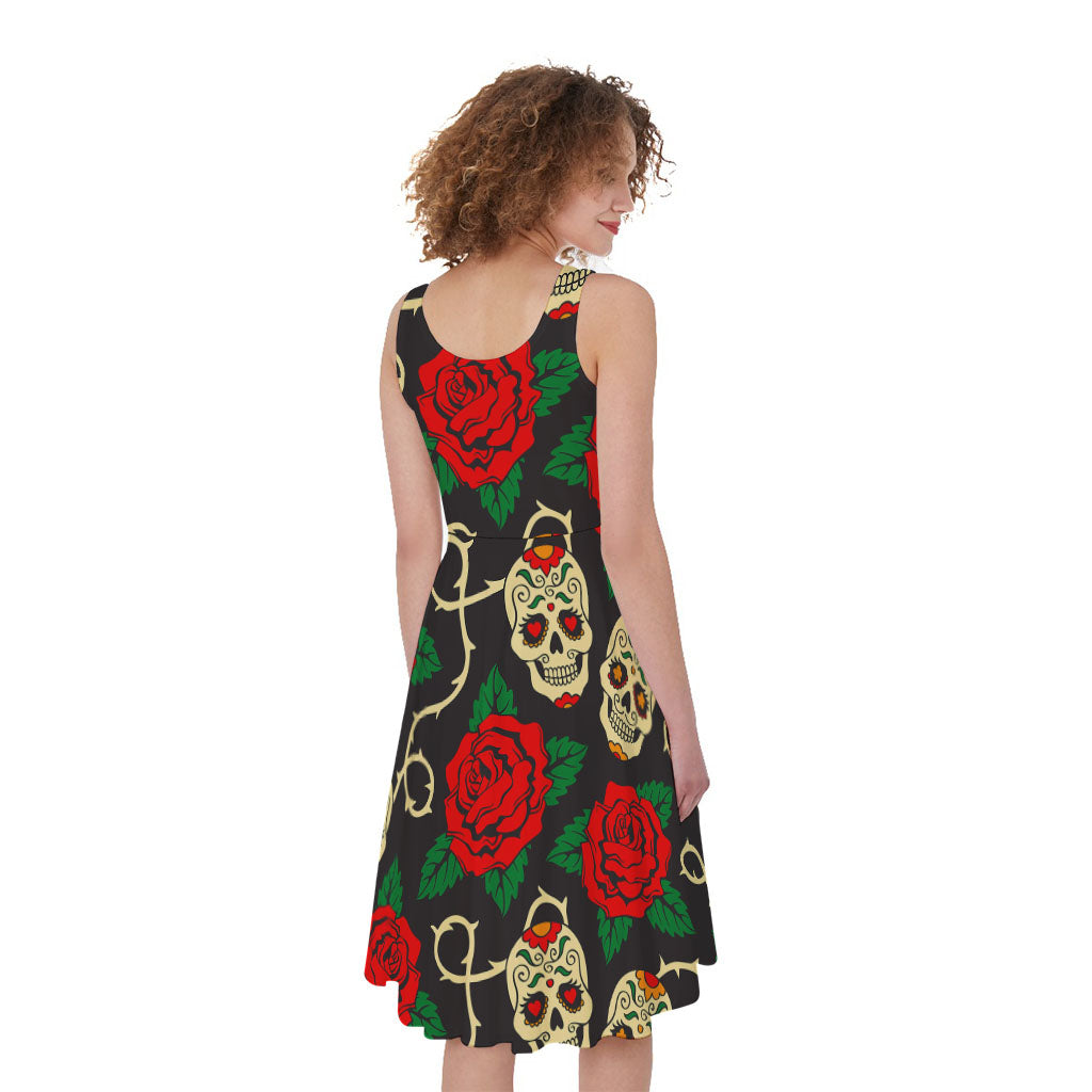 Rose Flower Sugar Skull Pattern Print Women's Sleeveless Dress