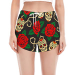 Rose Flower Sugar Skull Pattern Print Women's Split Running Shorts