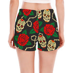 Rose Flower Sugar Skull Pattern Print Women's Split Running Shorts