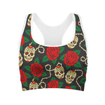 Rose Flower Sugar Skull Pattern Print Women's Sports Bra