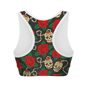 Rose Flower Sugar Skull Pattern Print Women's Sports Bra