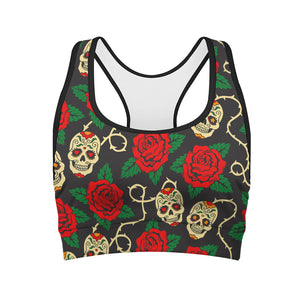 Rose Flower Sugar Skull Pattern Print Women's Sports Bra