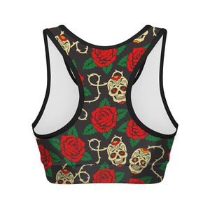 Rose Flower Sugar Skull Pattern Print Women's Sports Bra