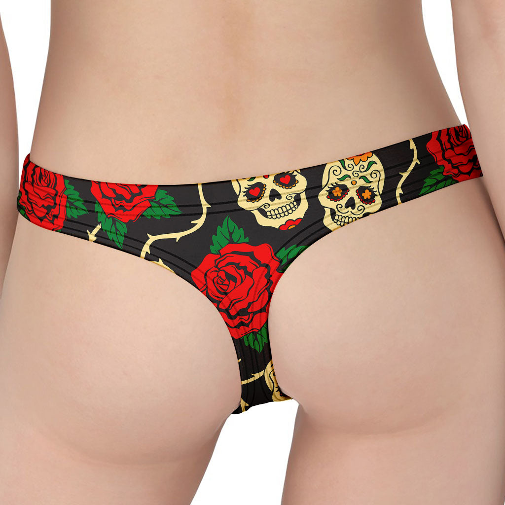 Rose Flower Sugar Skull Pattern Print Women's Thong