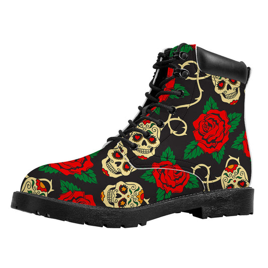 Rose Flower Sugar Skull Pattern Print Work Boots