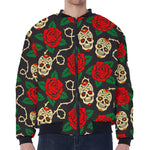 Rose Flower Sugar Skull Pattern Print Zip Sleeve Bomber Jacket