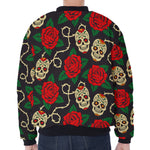 Rose Flower Sugar Skull Pattern Print Zip Sleeve Bomber Jacket
