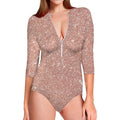Rose Gold (NOT Real) Glitter Print Long Sleeve Swimsuit