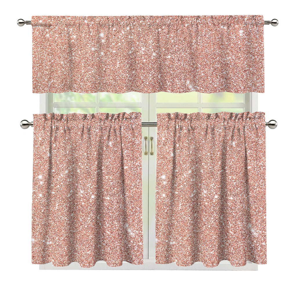 Rose Gold (NOT Real) Glitter Print 3 Piece Kitchen Curtains