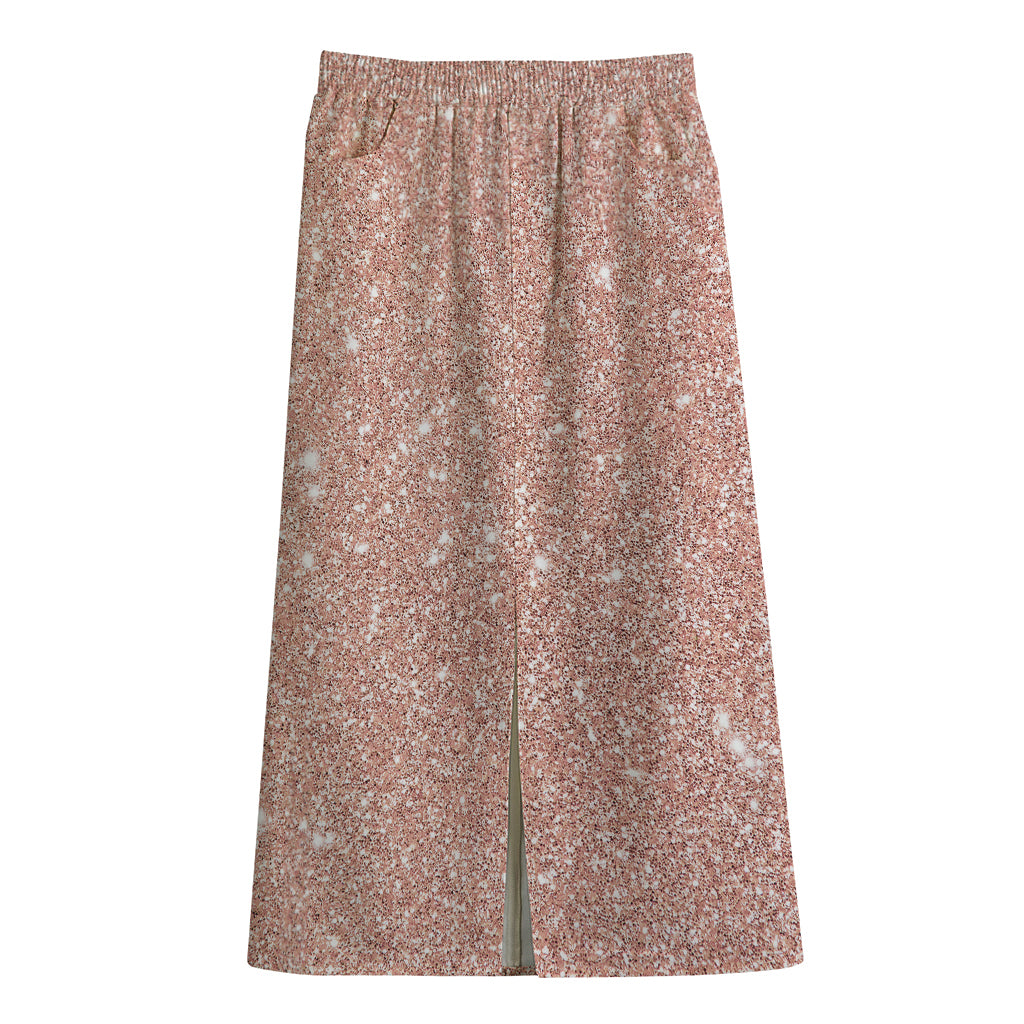 Rose Gold (NOT Real) Glitter Print Cotton Front Slit Maxi Skirt