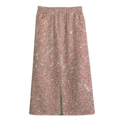 Rose Gold (NOT Real) Glitter Print Cotton Front Slit Maxi Skirt