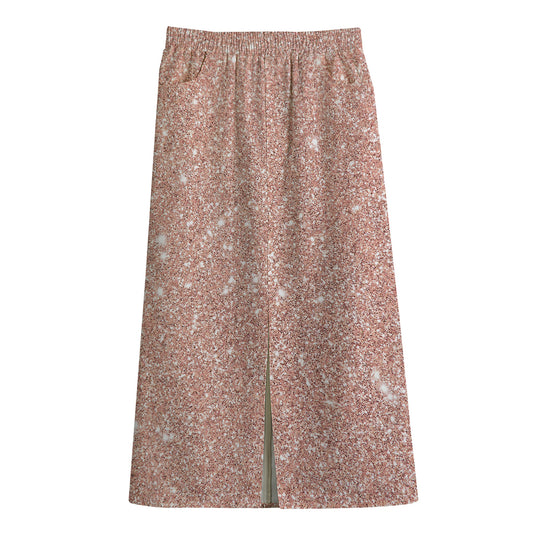 Rose Gold (NOT Real) Glitter Print Cotton Front Slit Maxi Skirt