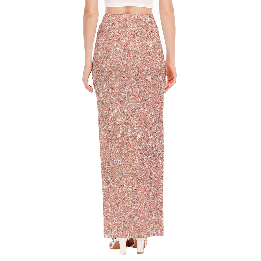 Rose Gold (NOT Real) Glitter Print High Slit Maxi Skirt