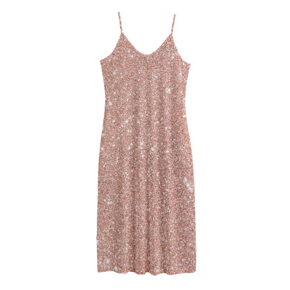 Rose Gold (NOT Real) Glitter Print Jersey Midi Cami Dress