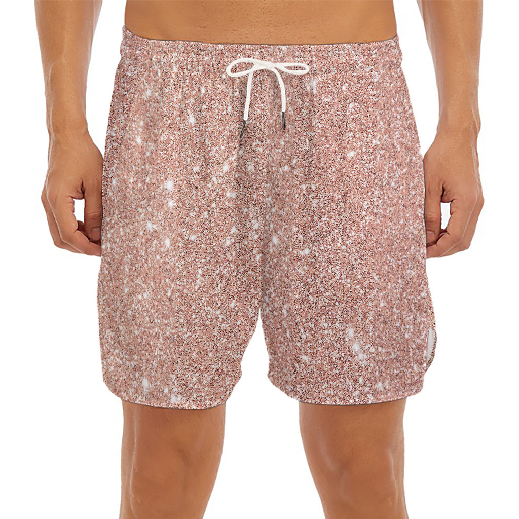 Rose Gold (NOT Real) Glitter Print Men's Split Running Shorts