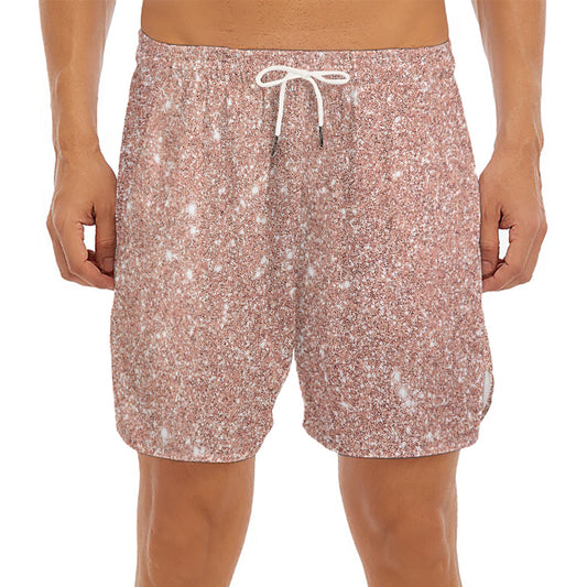 Rose Gold (NOT Real) Glitter Print Men's Split Running Shorts