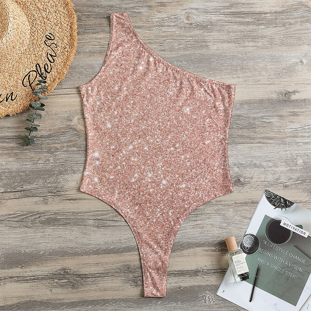 Rose Gold (NOT Real) Glitter Print One Shoulder Bodysuit