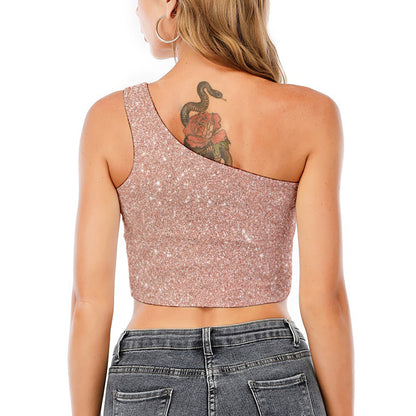 Rose Gold (NOT Real) Glitter Print One Shoulder Crop Top