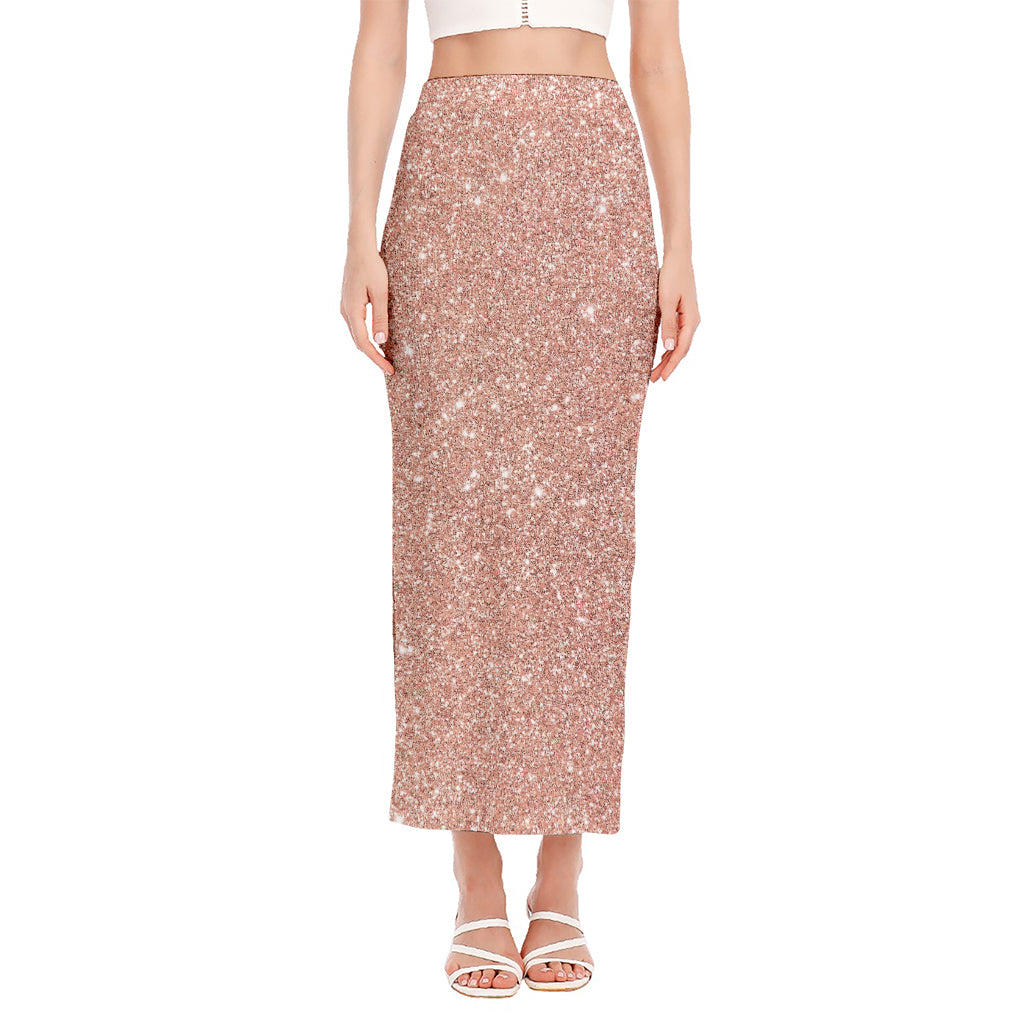 Rose Gold (NOT Real) Glitter Print Side Slit Maxi Skirt