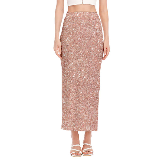 Rose Gold (NOT Real) Glitter Print Side Slit Maxi Skirt