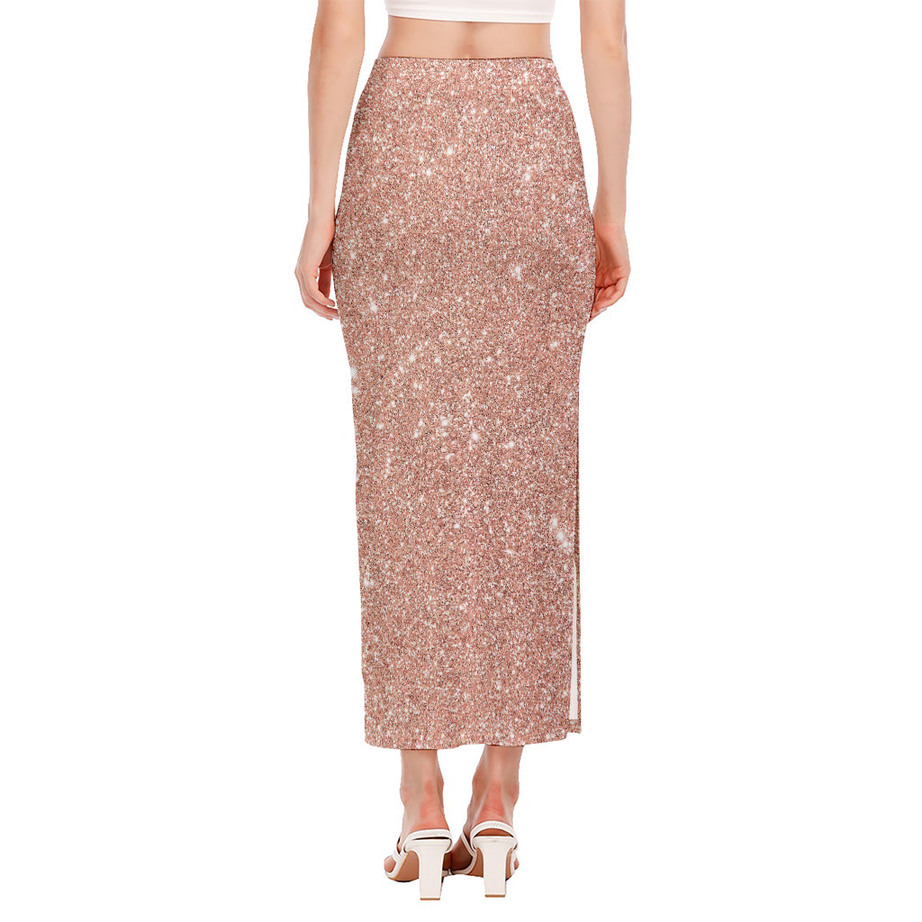 Rose Gold (NOT Real) Glitter Print Side Slit Maxi Skirt