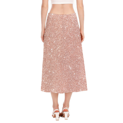 Rose Gold (NOT Real) Glitter Print Side Slit Midi Skirt